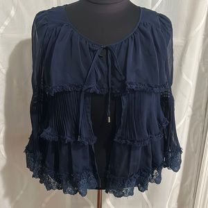 Jet Label, Fashion For Joy, Navy Lace Ruffled Tier Open Front Top, Small.